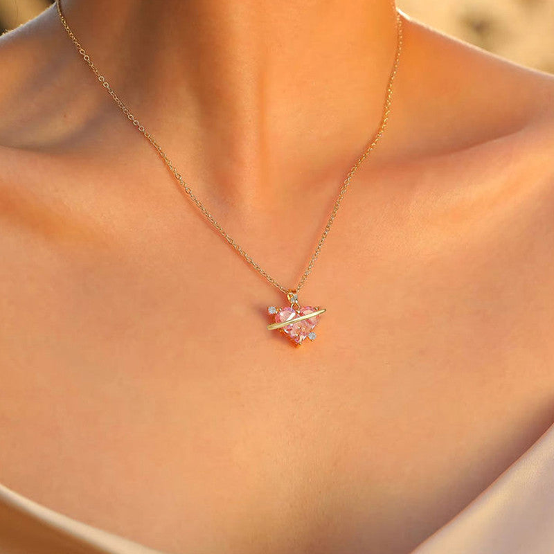 Gold Plated Stainless Steel Crystal Studded Pink Heart Themed Pendant