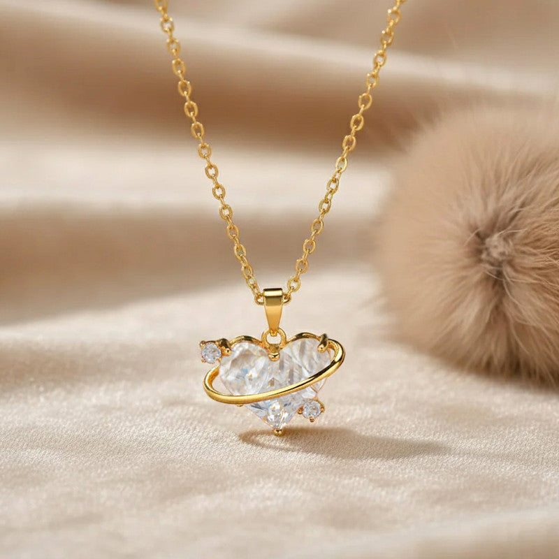 Gold Plated Stainless Steel Crystal Studded White Heart Themed Pendant