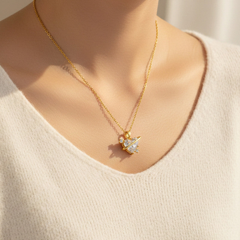 Gold Plated Stainless Steel Crystal Studded White Heart Themed Pendant