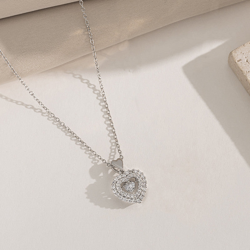 Silver Plated Stainless Steel American Diamond Studded Anti Tarnish Heart Themed Pendant