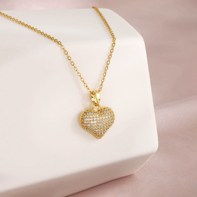 Gold Plated Stainless Steel American Diamond Studded Heart Themed Pendant