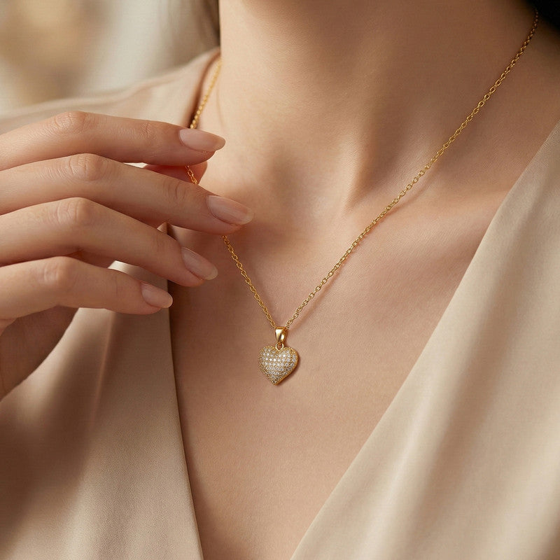 Gold Plated Stainless Steel American Diamond Studded Heart Themed Pendant