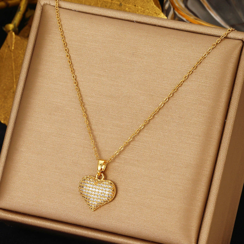 Gold Plated Stainless Steel American Diamond Studded Heart Themed Pendant