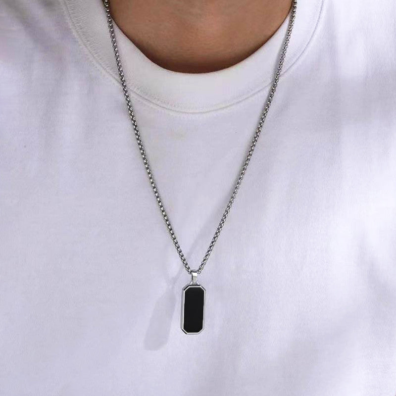 Silver Plated Stainless Steel Anti Tarnish Black Rectangular Hip Hop Party Pendant For Men