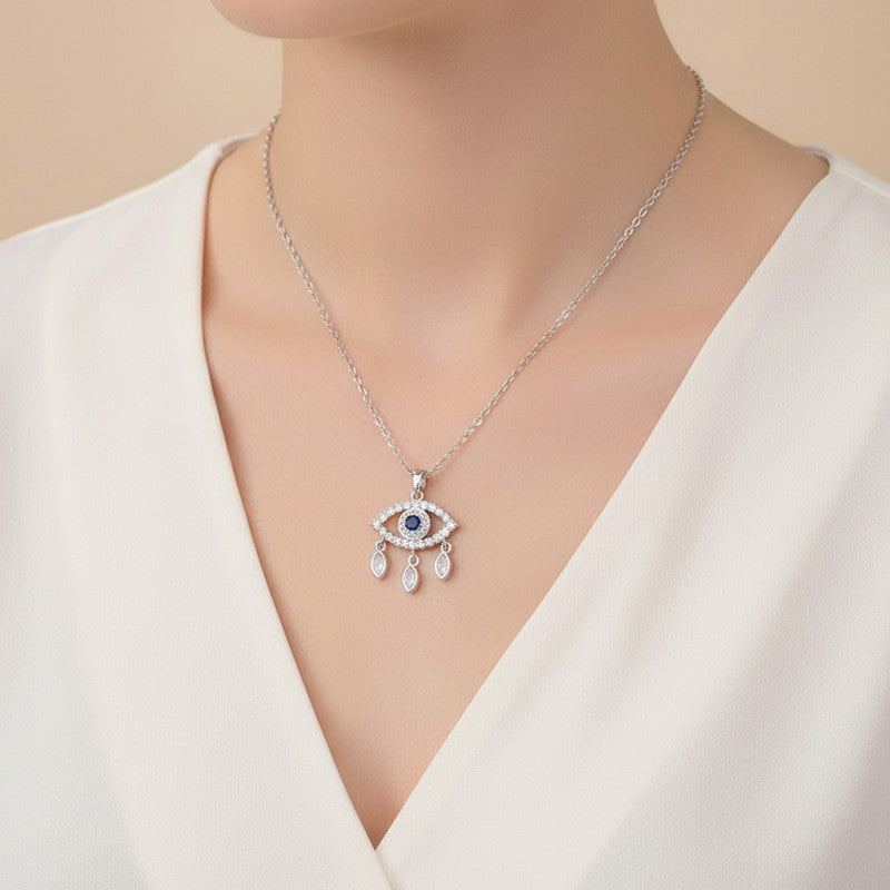 Silver Plated Stainless Steel Anti Tarnish American Diamond Studded Evil Eye Themed Pendant
