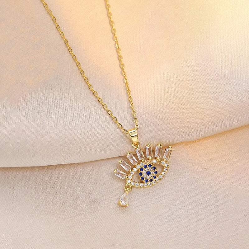 Gold Plated Stainless Steel American Diamond Studded Evil Eye Themed Pendant