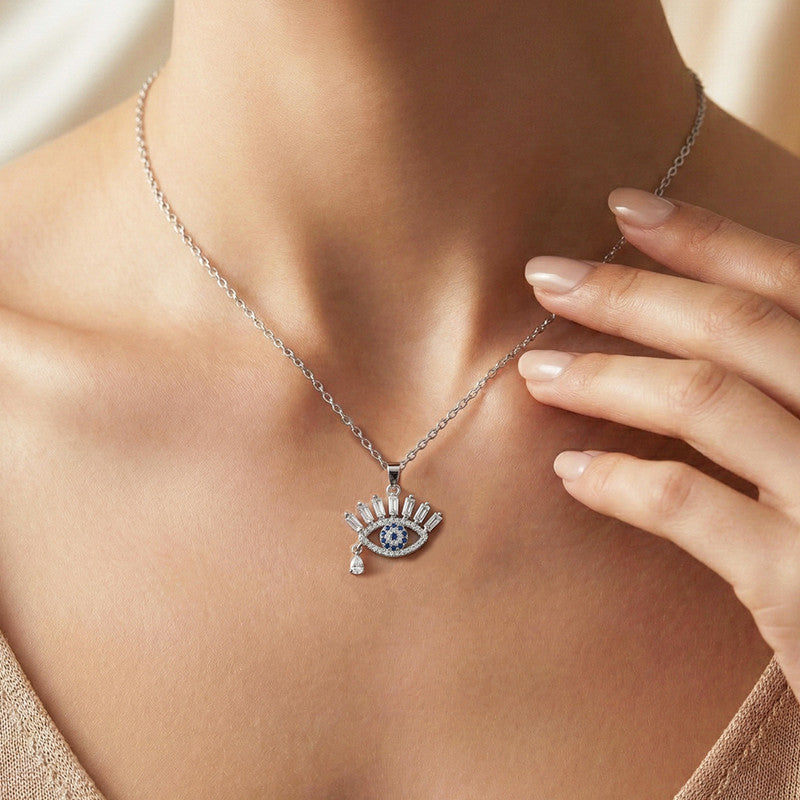 Silver Plated Stainless Steel American Diamond Studded Anti Tarnish Evil Eye Themed Pendant