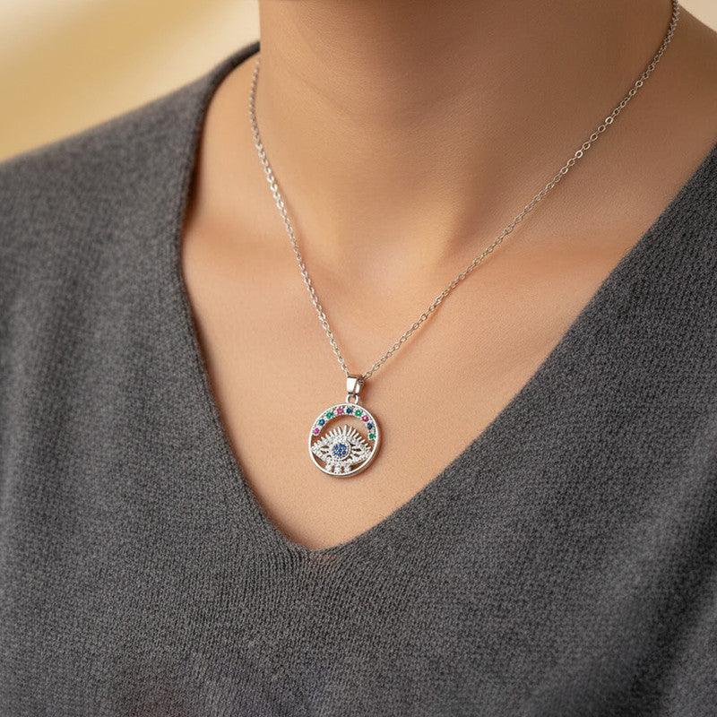 Silver Plated Stainless Steel American Diamond Studded Anti Tarnish Evil Eye Themed Pendant