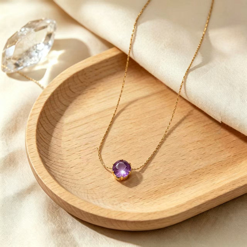 Gold Plated Stainless Steel Purple Anti Tarnish Stone Studded Hexagonal Pendant