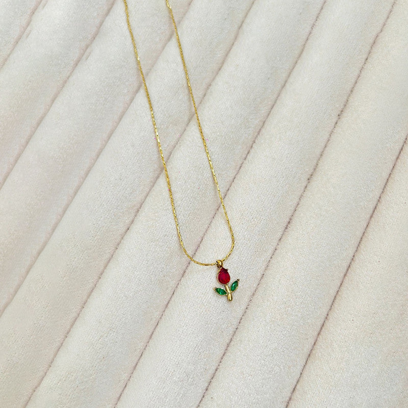 Gold Plated Anti Tarnish Red-Green CZ Studded Tulip Pendant