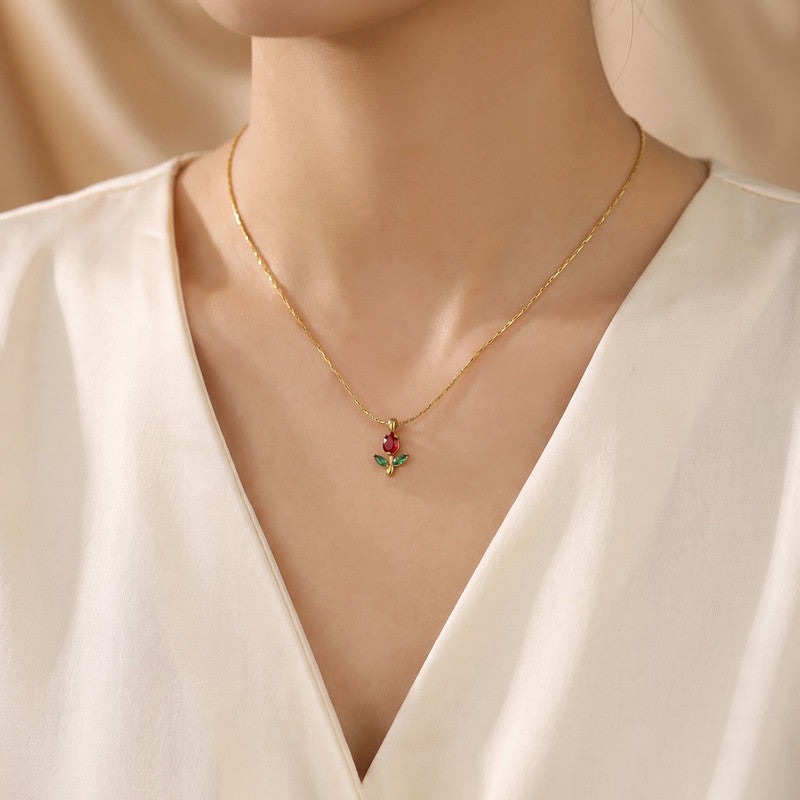 Gold Plated Anti Tarnish Red-Green CZ Studded Tulip Pendant