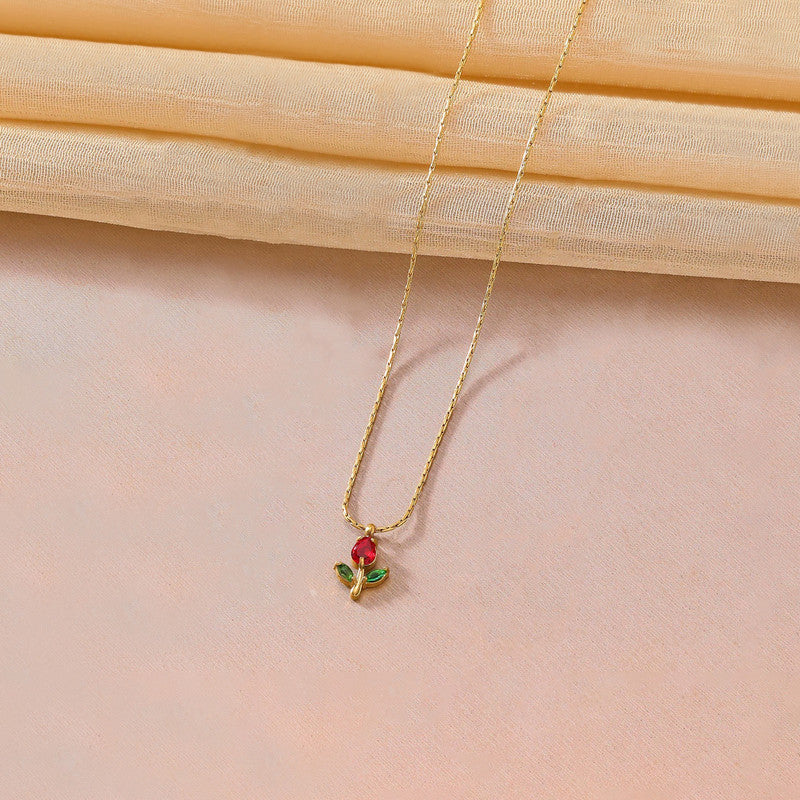 Gold Plated Anti Tarnish Red-Green CZ Studded Tulip Pendant
