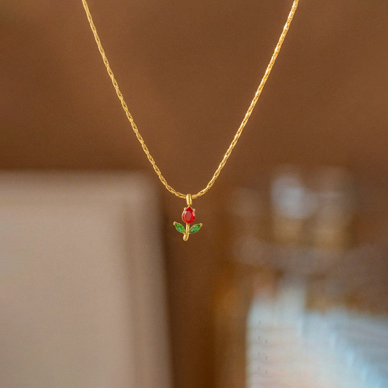 Gold Plated Anti Tarnish Red-Green CZ Studded Tulip Pendant