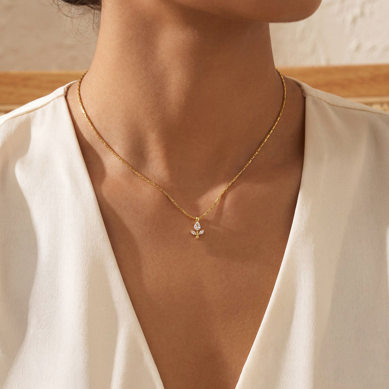 Gold Plated Anti Tarnish White CZ Studded Tulip Pendant