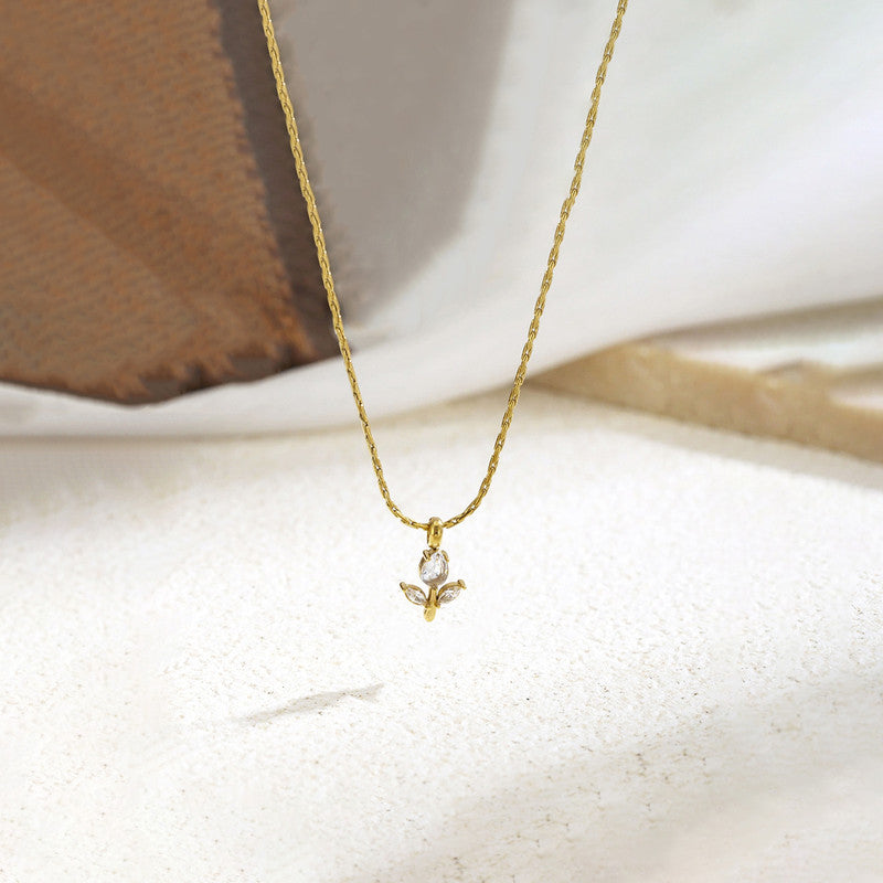 Gold Plated Anti Tarnish White CZ Studded Tulip Pendant