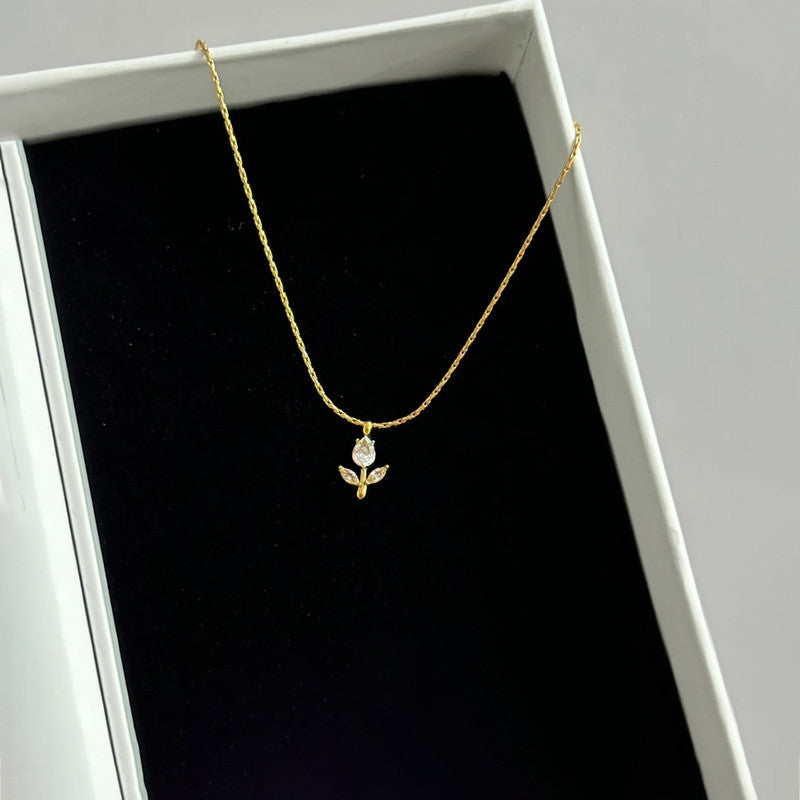 Gold Plated Anti Tarnish White CZ Studded Tulip Pendant