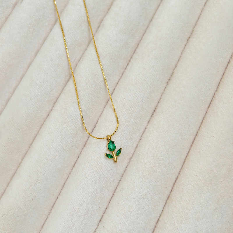 Gold Plated Anti Tarnish Green CZ Studded Tulip Pendant