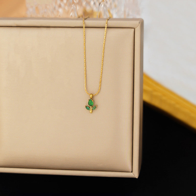 Gold Plated Anti Tarnish Green CZ Studded Tulip Pendant