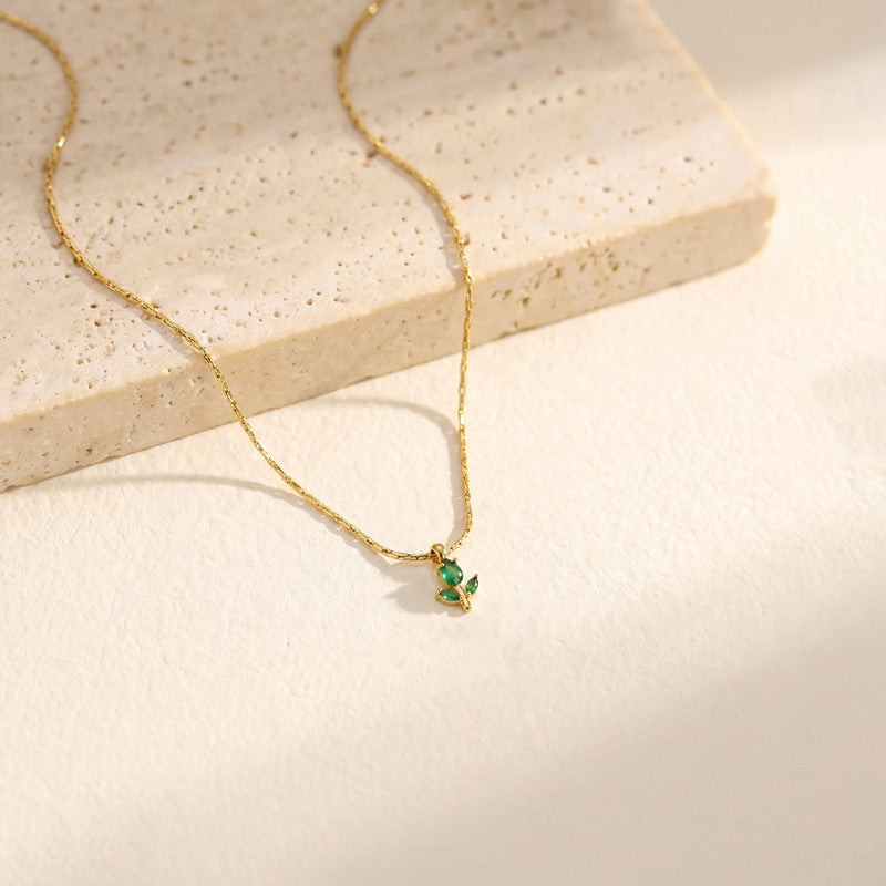 Gold Plated Anti Tarnish Green CZ Studded Tulip Pendant