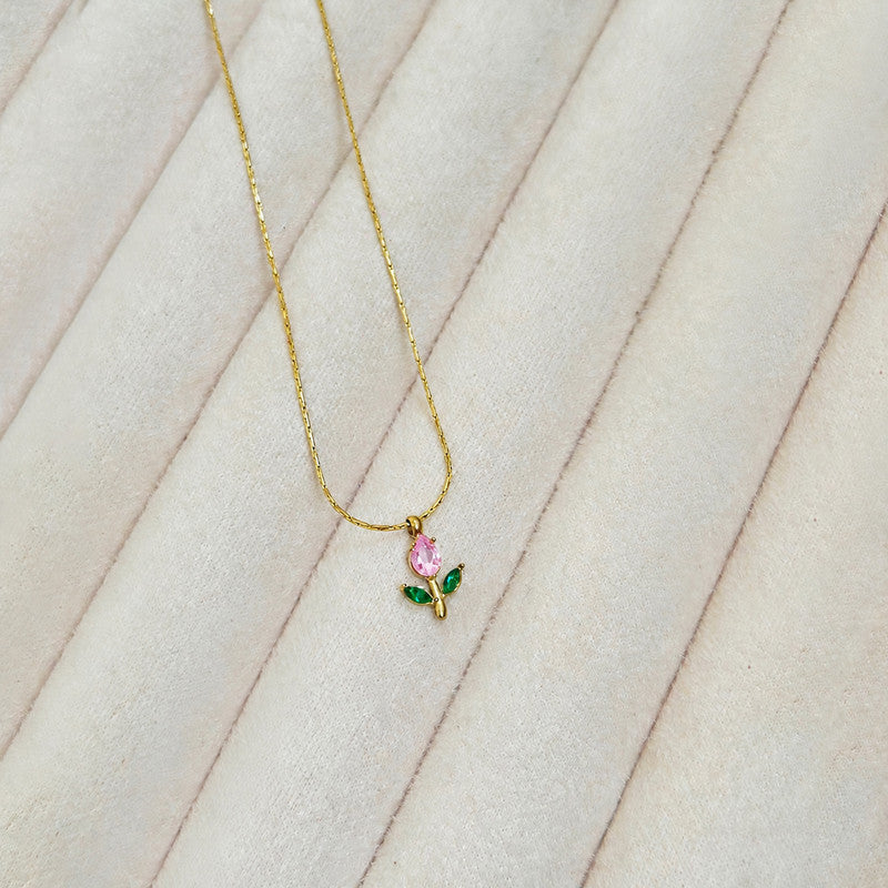 Gold Plated Anti Tarnish Pink-Green CZ Studded Tulip Pendant