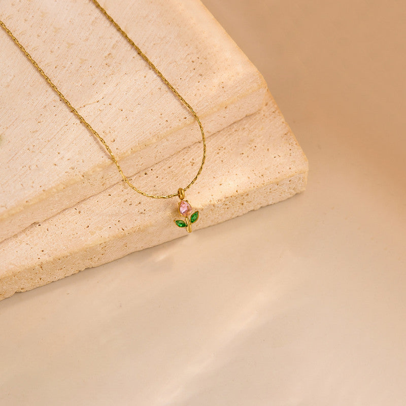 Gold Plated Anti Tarnish Pink-Green CZ Studded Tulip Pendant