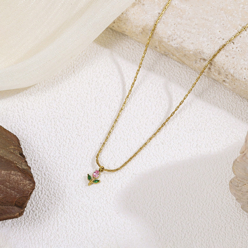 Gold Plated Anti Tarnish Pink-Green CZ Studded Tulip Pendant