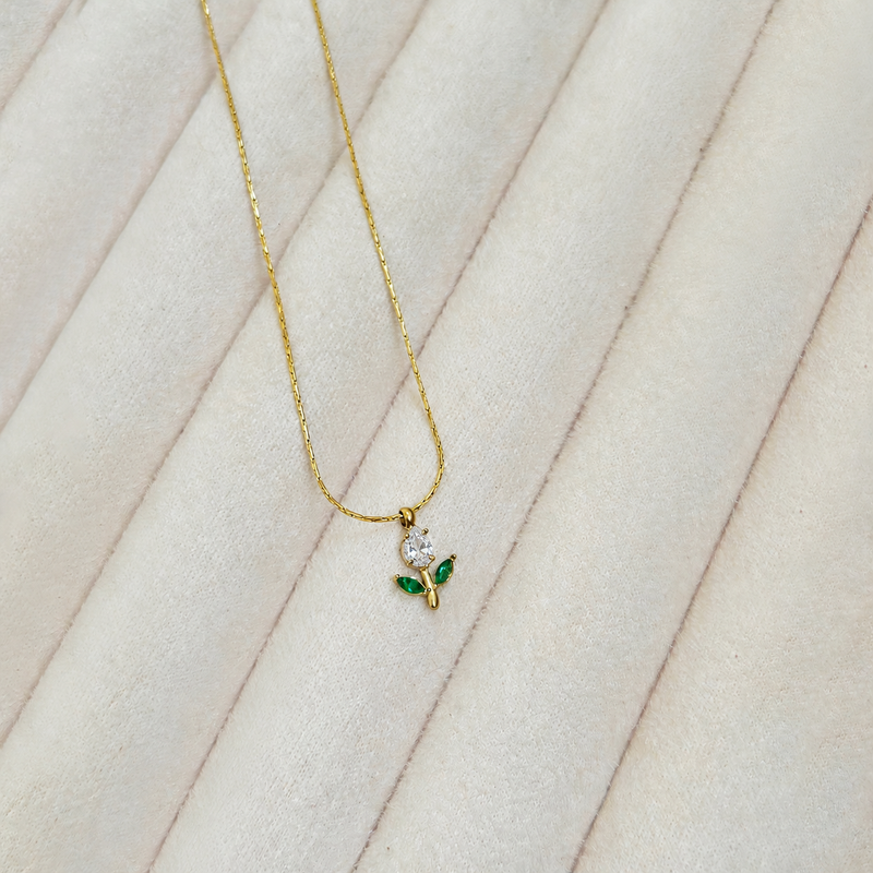 Gold Plated Anti Tarnish White-Green CZ Studded Tulip Pendant