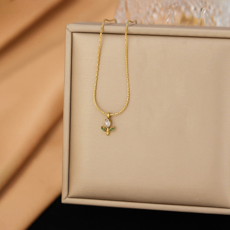 Gold Plated Anti Tarnish White-Green CZ Studded Tulip Pendant