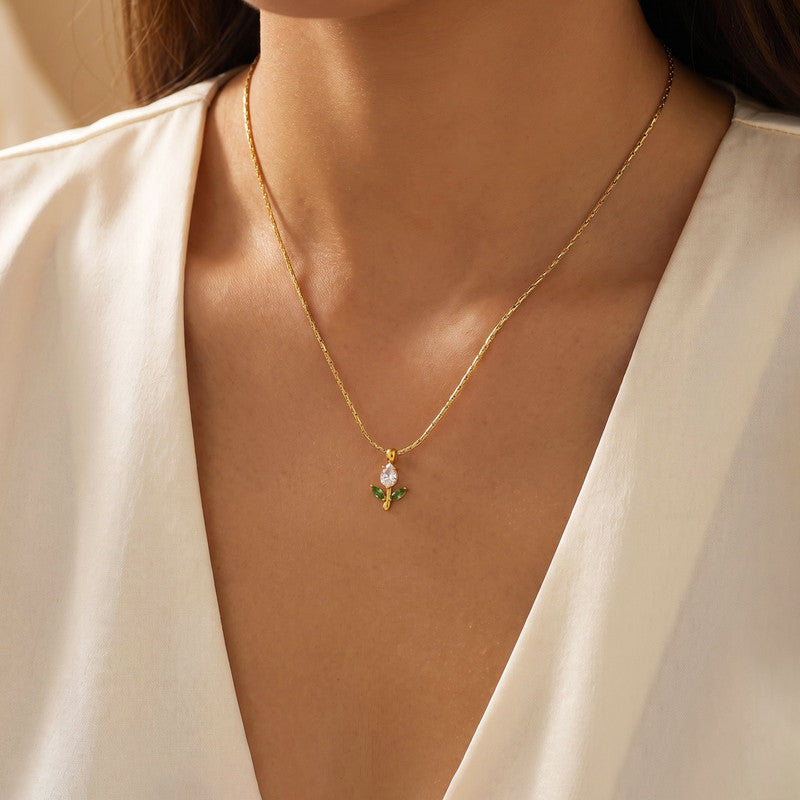 Gold Plated Anti Tarnish White-Green CZ Studded Tulip Pendant