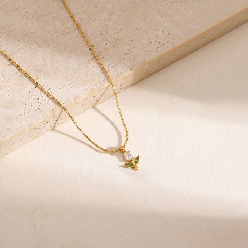 Gold Plated Anti Tarnish White-Green CZ Studded Tulip Pendant