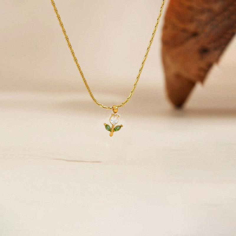 Gold Plated Anti Tarnish White-Green CZ Studded Tulip Pendant
