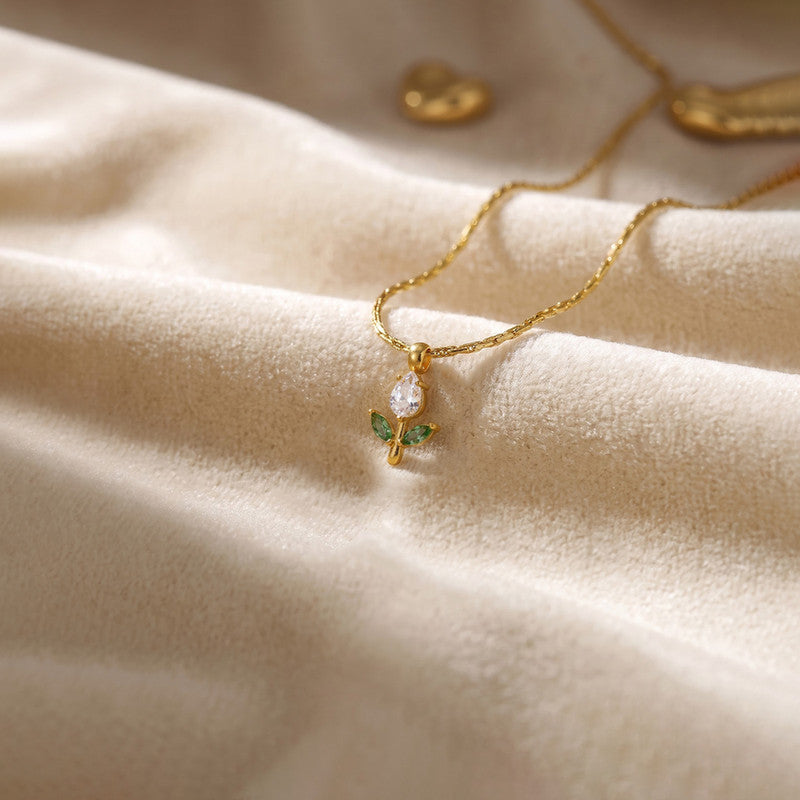 Gold Plated Anti Tarnish White-Green CZ Studded Tulip Pendant