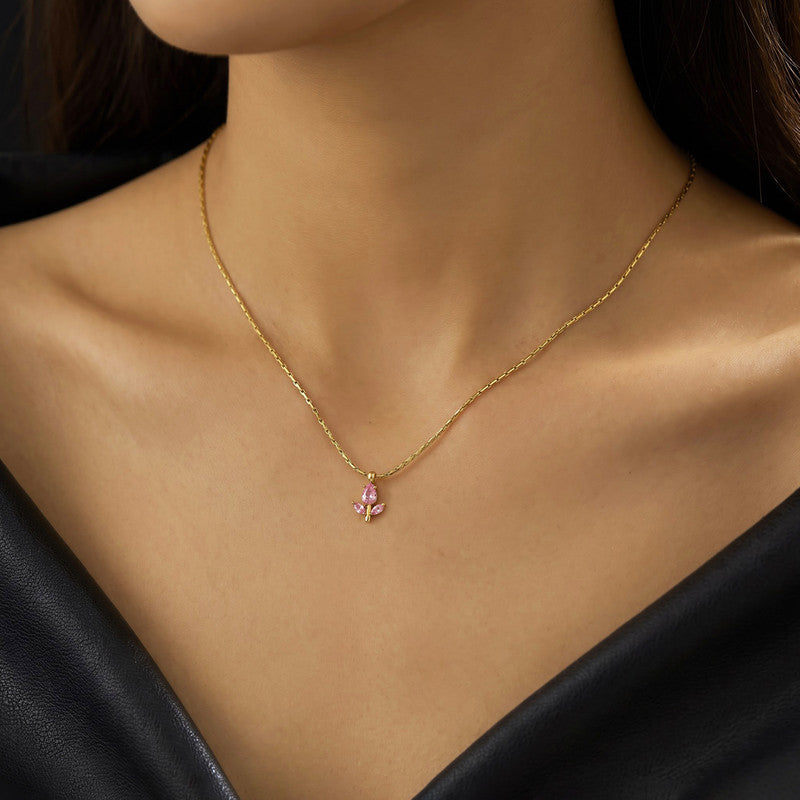 Gold Plated Anti Tarnish Pink CZ Studded Tulip Pendant