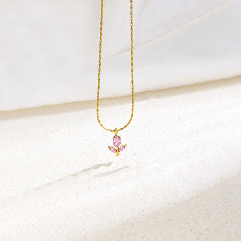Gold Plated Anti Tarnish Pink CZ Studded Tulip Pendant