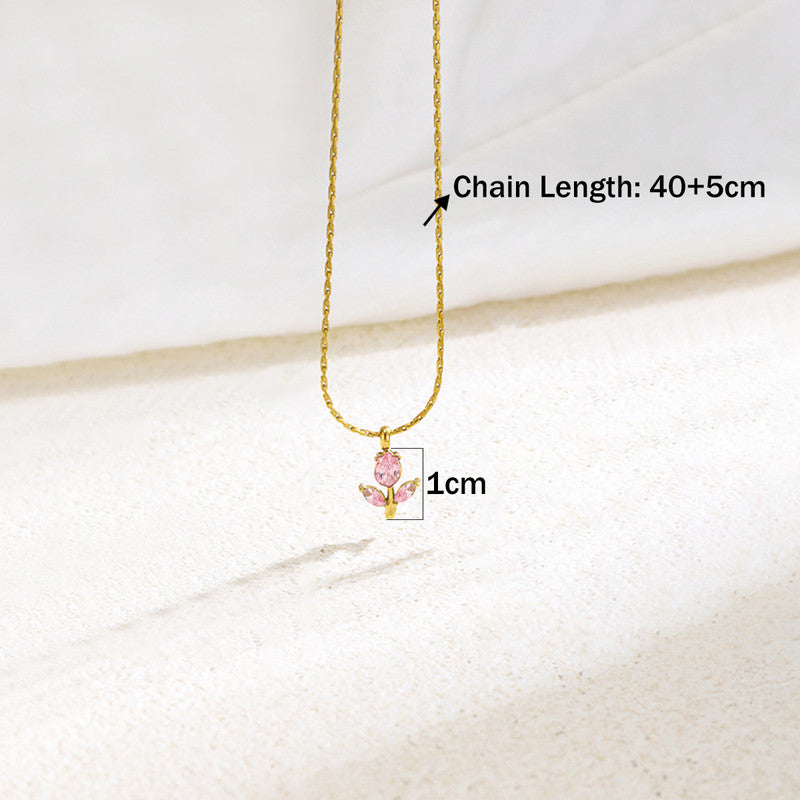 Gold Plated Anti Tarnish Pink CZ Studded Tulip Pendant
