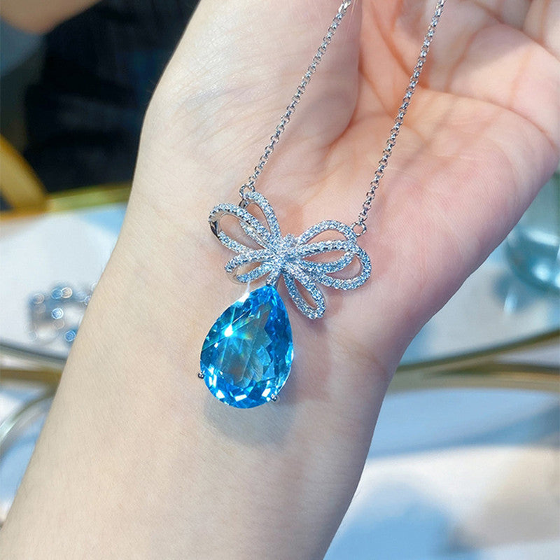 Silver Plated Anti Tarnish American Diamond Crushed Ice Cut Blue Teardrop Shape Pendant - MySmartBazaar