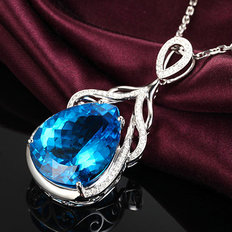 Silver Plated Anti Tarnish American Diamond Crushed Ice Cut Blue Teardrop Shape Pendant - MySmartBazaar