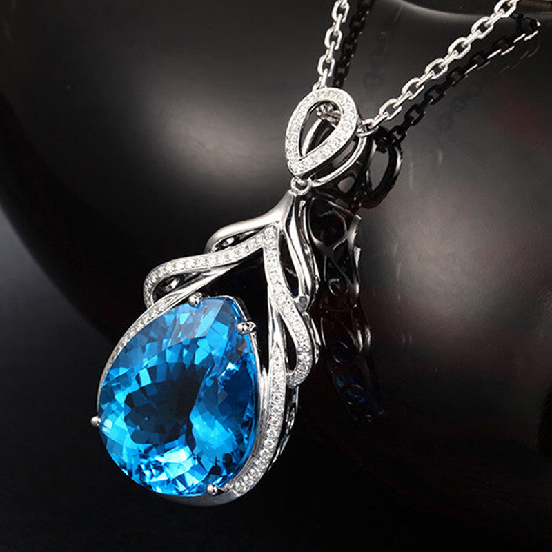Silver Plated Anti Tarnish American Diamond Crushed Ice Cut Blue Teardrop Shape Pendant - MySmartBazaar