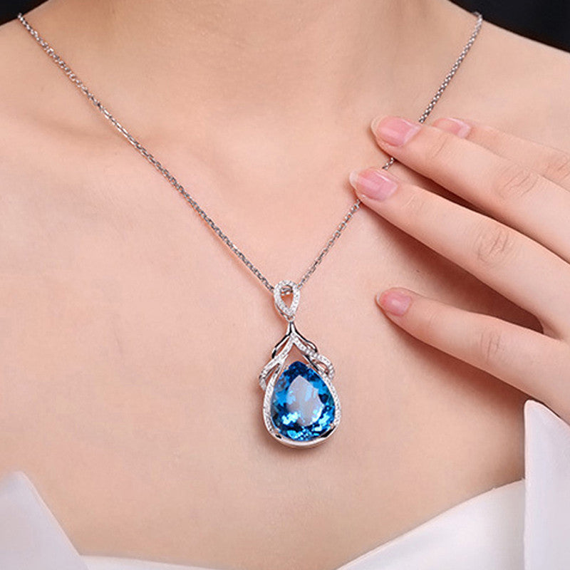 Silver Plated Anti Tarnish American Diamond Crushed Ice Cut Blue Teardrop Shape Pendant - MySmartBazaar