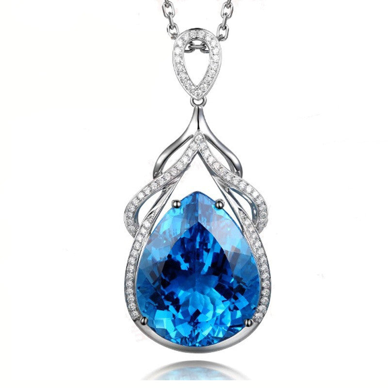Silver Plated Anti Tarnish American Diamond Crushed Ice Cut Blue Teardrop Shape Pendant - MySmartBazaar