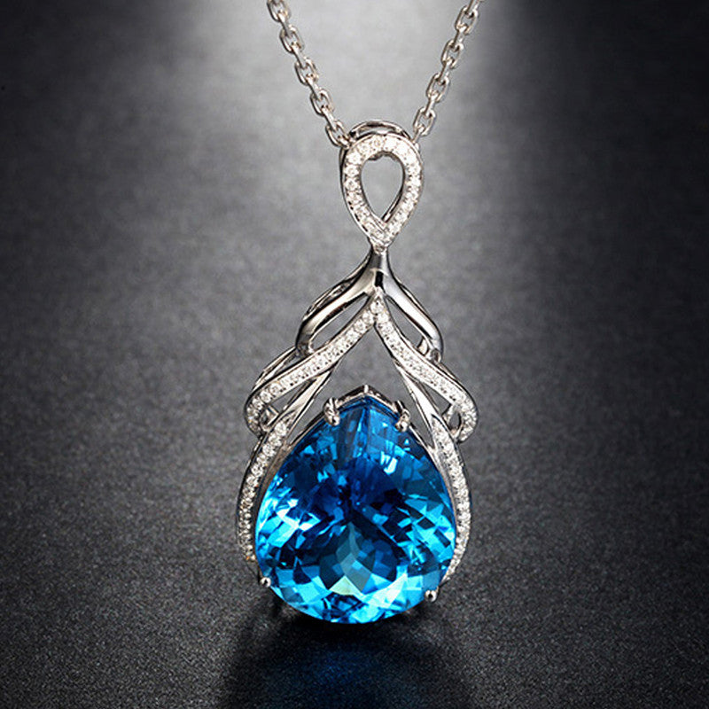 Silver Plated Anti Tarnish American Diamond Crushed Ice Cut Blue Teardrop Shape Pendant - MySmartBazaar
