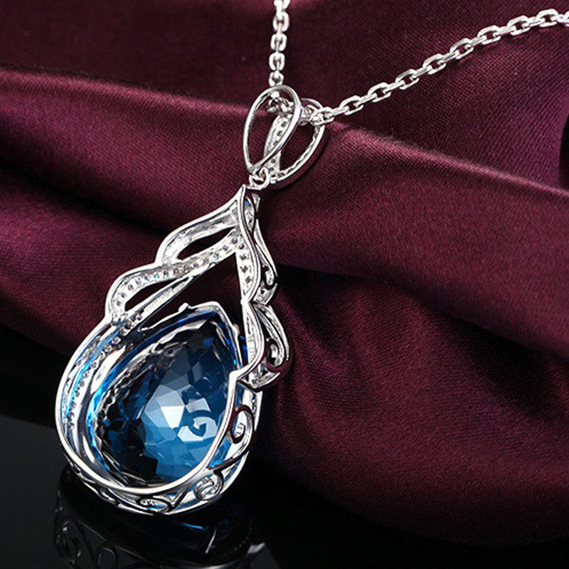 Silver Plated Anti Tarnish American Diamond Crushed Ice Cut Blue Teardrop Shape Pendant - MySmartBazaar