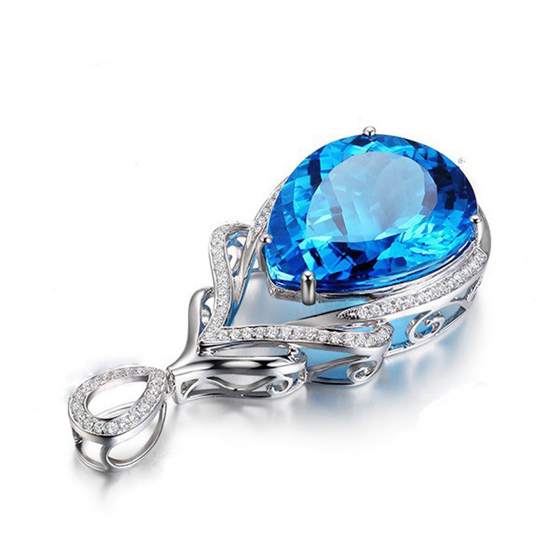 Silver Plated Anti Tarnish American Diamond Crushed Ice Cut Blue Teardrop Shape Pendant - MySmartBazaar
