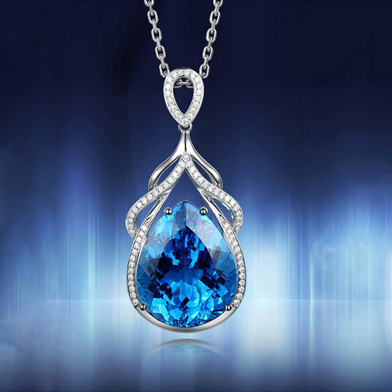 Silver Plated Anti Tarnish American Diamond Crushed Ice Cut Blue Teardrop Shape Pendant - MySmartBazaar