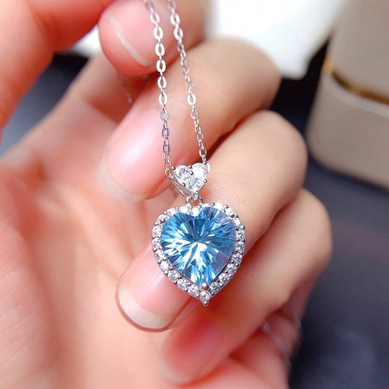 Silver Plated Anti Tarnish American Diamond Crushed Ice Cut Blue Heart Shape Pendant - MySmartBazaar