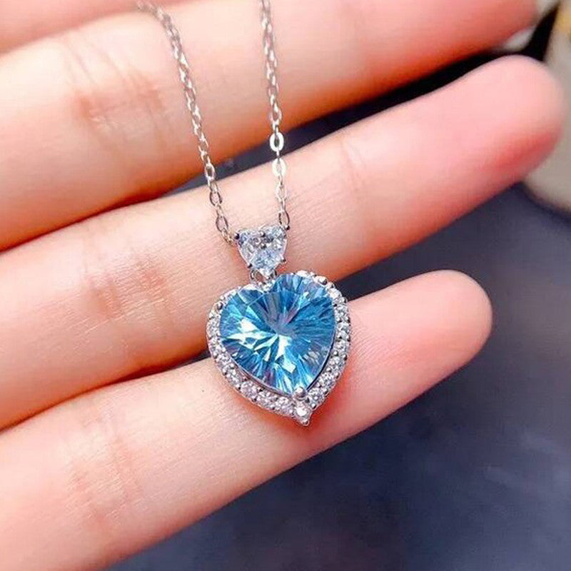 Silver Plated Anti Tarnish American Diamond Crushed Ice Cut Blue Heart Shape Pendant - MySmartBazaar