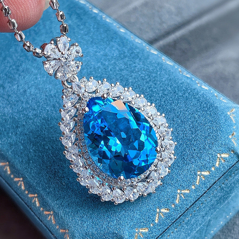 Silver Plated Anti Tarnish American Diamond Crushed Ice Cut Blue Teardrop Shape Pendant - MySmartBazaar