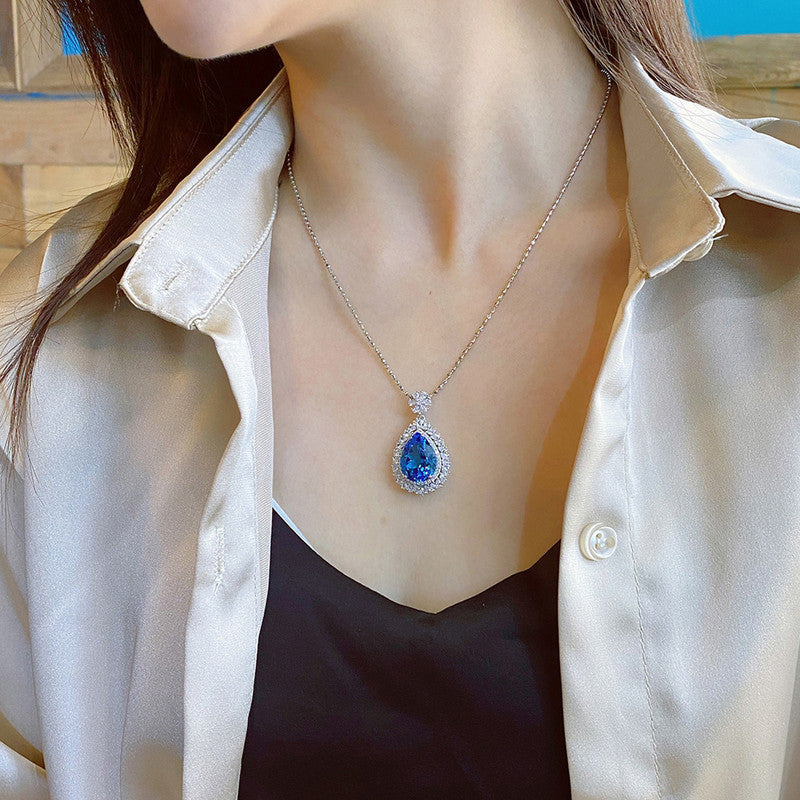 Silver Plated Anti Tarnish American Diamond Crushed Ice Cut Blue Teardrop Shape Pendant - MySmartBazaar