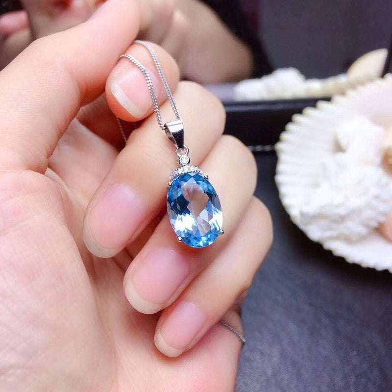 Silver Plated Anti Tarnish American Diamond Crushed Ice Cut Blue Oval Shape Pendant - MySmartBazaar