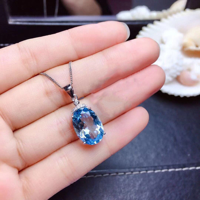 Silver Plated Anti Tarnish American Diamond Crushed Ice Cut Blue Oval Shape Pendant - MySmartBazaar